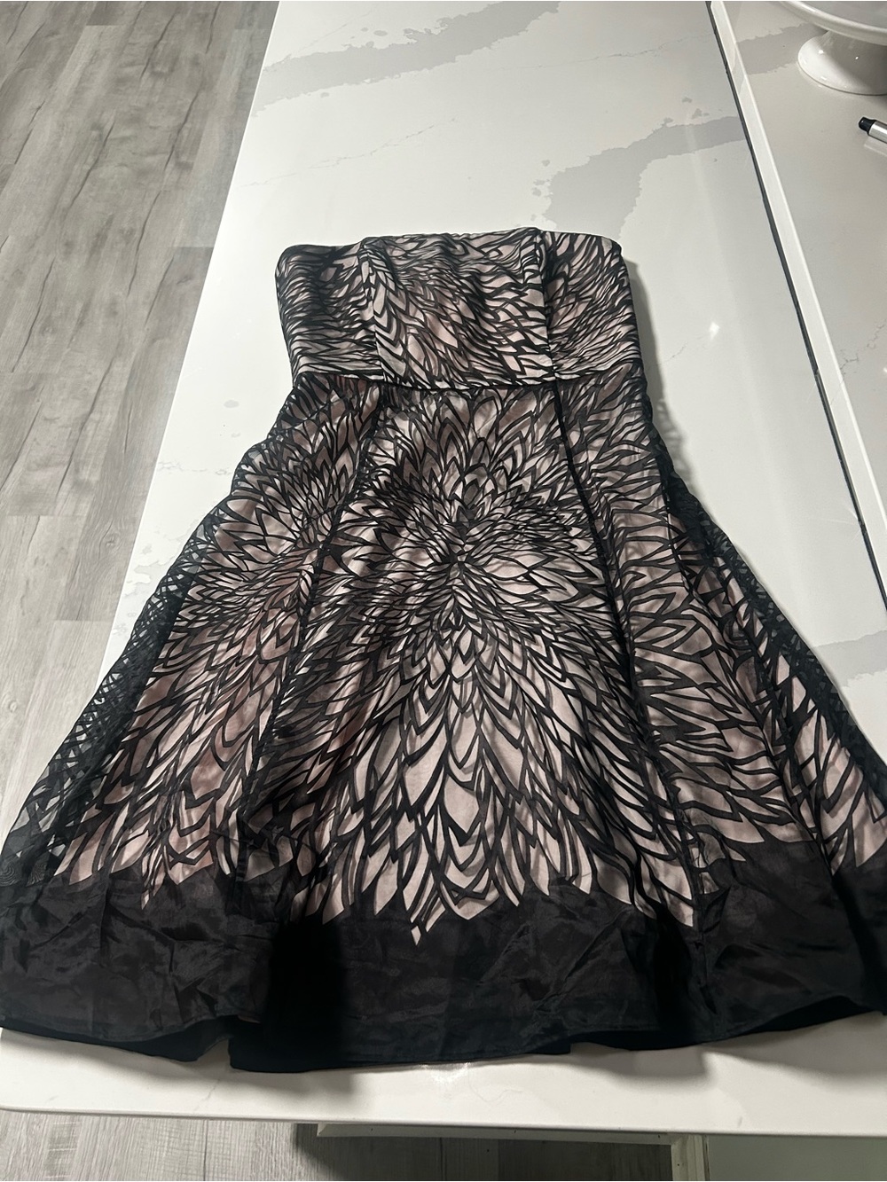 White House Black Market Strapless Black Lace Dress with Blush Underlay